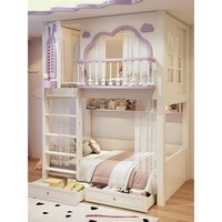 Lit superposé pour enfants JS New Style Purple Theme avec toboggan, structure en bois massif avec rangement, lit princesse pour chambre de fille, ensemble de meubles