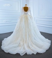 Luxe Ivoire Robe De Bal Robe De Mariée pour Les Femmes Perle Paillettes Dentelle Fleur Décor Manches Longues En Gros Mousseline Robe De Mariée