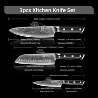 KEEMAKE Lot de 3 couteaux de cuisine faits à la main en acier damas à 67 couches avec manche en fibre de verre G10