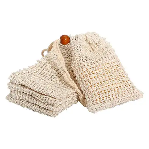 Wholesale bath and body exfoliating Natural Cotton Soap Bag with Drawstring and Wooden Bead Holder