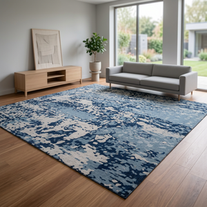 Tapis rectangulaire moderne abstrait bleu de haute qualité, tufté à la main, antidérapant, pour salon, à poils moyens, avec envers en latex - Product Image 2