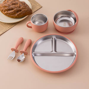 Baby Food Grade Silicone Stainless Feeding Set with Divided Suction Plate <b>Cutlery</b> Mug Toddler Food Container <b>Kids</b> Dining - Product Image 1
