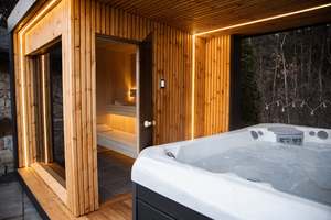 Cabine de sauna extérieure moderne <span class=keywords><strong>avec</strong></span> patio intégré et éclairage LED, extérieur gris sans baignoire - Product Image 4
