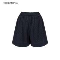 Shorts décontractés pour femme 100% Coton avec broderie anglaise raffinée, taille élastique, coupe ample et jambe large, pour l'été