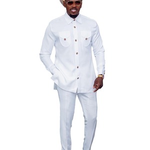 Vêtements Africains pour Hommes Costume de <span class=keywords><strong>Mariage</strong></span> Dashiki <span class=keywords><strong>Chemise</strong></span> à Manches Longues Couleur Unie et Pantalon Ensemble Deux Pièces pour Fête et Festival - Product Image 5