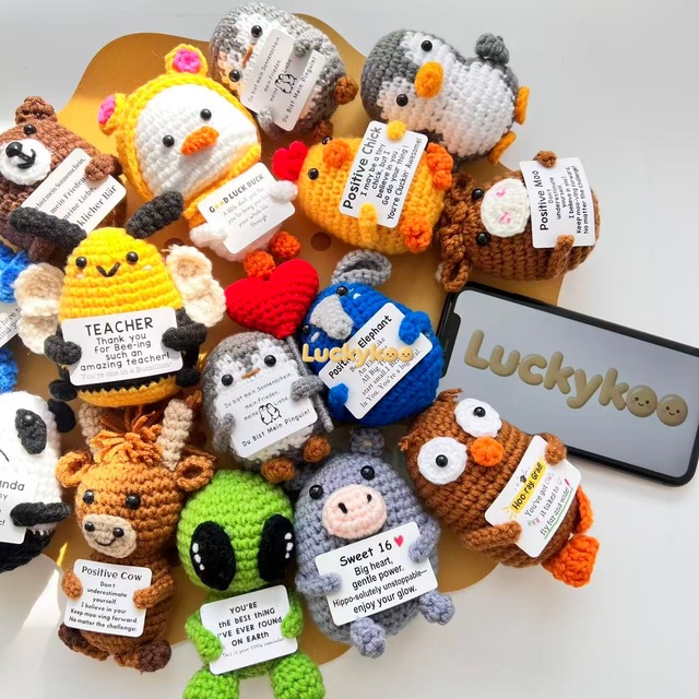 Luckykoo Mini Funny Crochet Cow Plush Positive Crochet Animals Handmade Crochet Highland Cow Knitted Wool Cow Toy for Home Decor