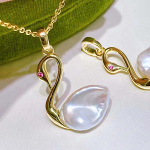 Collier pendentif en argent S925 avec perles de 10-13 mm pour femmes, accessoires de perles DIY 30628 avec support vide en forme de cygne - Product Image 1