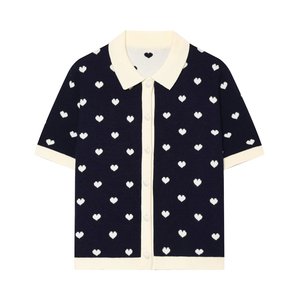 <b>Women</b> Summer Heart Jacquard Knitted <b>Cardigan</b> <b>Short</b> Sleeve Turn-Down Collar Button Front Sweater - Product Image 1