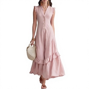 Robe longue rose unie naturelle sans manches à col en V avec volants et boutons sur le devant, style bohème ample, tenue décontractée d'été pour femme - Product Image 3
