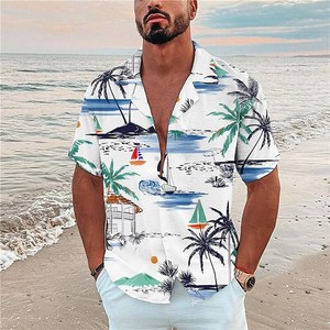 Men's Hawaiian Shirt Short Sleeve Tropical Print Summer Vacation Casual Turn-<b>down</b> Collar Breathable Poplin Fabric - Product Image 1