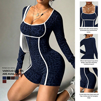 Tenue de sport femme sans couture respirante en Spandex/Nylon, motif léopard color block, manches longues, effet push-up fessier, col carré, pour la gym, l'entraînement et le yoga