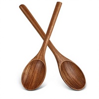 2 Cuillères de cuisine en bois d'acacia naturel, grandes cuillères de service, résistantes à la chaleur, durables, antiadhésives, design classique pour la rentrée scolaire