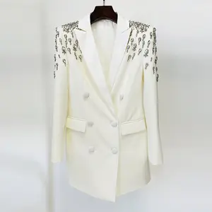 New arrivals dropshipping or custom fashion crystal beading women ladies double breasted v neck blazer dress