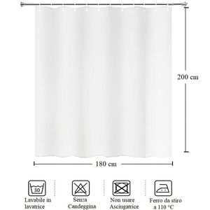 Tenda Doccia Bianca 180x200 Cm Impermeabile Antimuffa Con 16 Anelli - Product Image 2