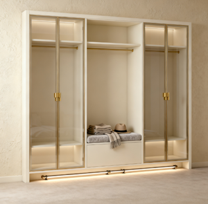 Armoire <span class=keywords><strong>de</strong></span> chambre à coucher <span class=keywords><strong>de</strong></span> grand espace <span class=keywords><strong>avec</strong></span> portes en verre étagères ouvertes et tringles à vêtements dorées Rangement spacieux Convient à la décoration <span class=keywords><strong>de</strong></span> chambre à coucher moderne - Product Image 3