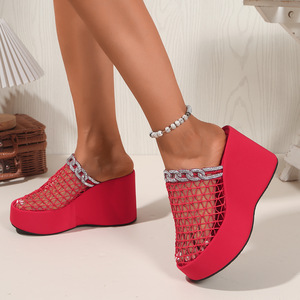 2025 yeni yaz moda Mesh Rhinestone Hollow nefes avrupa-amerikan büyük boy kalın alt kama sandalet - Product Image 3