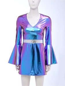 Womens Bell Sleeve Mini Dress Metallic Holographic Sequin Belt V Neck Sparkle Party Dance Stage Costume Rave Shiny Custom - Product Image 5