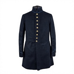 Fabricación en fábrica de un abrigo largo azul oscuro para hombre, hecho a mano con bordado y 100% lana. - Product Image 1