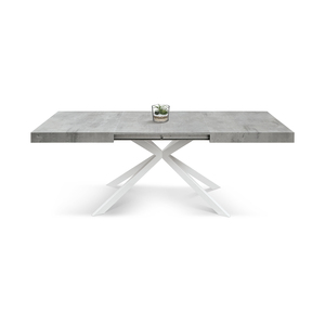 Mesa Extensible Gris Cemento 180x90 con Patas Cruzadas Blancas, Interior en MDF con Acabado Melamina, Base de Hierro - Product Image 1