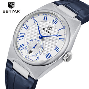 Montre à quartz analogique pour homme Benyar, boîtier en alliage de 12 mm, boucle en acier inoxydable, bracelet en cuir, étanche, calendrier, aiguilles antiques de 40 mm - Product Image 1