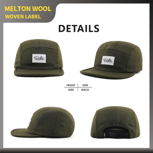 Casquette en laine méltone à 5 panneaux, visière plate, étiquette tissée personnalisable, couleur unie, non structurée, pour la course, personnalisation en gros - Product Image 3