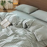 Parure de lit gingham 100% coton lavé, texturée, respirante, durable, douce, écologique, personnalisable, motif végétal moderne pour la maison