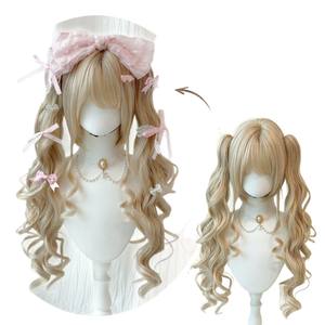 Perruque Baroque Dream Lolita à boucles dorées, double queue de cheval, coiffure complète avec nœud rose, style poupée, sans colle, pour cosplay - Product Image 5