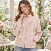 Cardigan personnalisé pour femme, broderie florale, tricot torsadé, fermeture éclair, col montant, manches longues, vêtements en tricot pour femme, OEM ODM, MOQ flexible