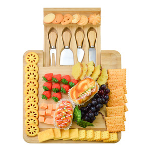Bamboo Cheese Board <b>Set</b> <b>Square</b> With Knife Drawer For Serving Fruit And Snacks - Product Image 2