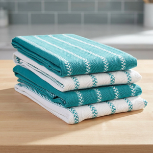 Serviettes de cuisine carrées brodées 100% coton couleur unie, séchage rapide, lavage à la main, blanc et vert sarcelle - Product Image 1