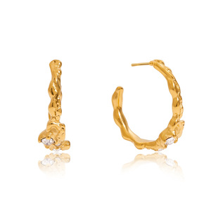 Boucles d'oreilles en diamant, or 18 carats, acier inoxydable, forme en C, avec diamant blanc, motif martelé, pour femme, à porter au quotidien - Product Image 5