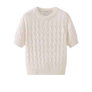 2025 OEM Supplier's Custom Women's <strong>Thin</strong> Cropped Sweater <strong>Jumper</strong> <strong>Ladies</strong> Casual Short-Sleeved Pullover with Twisted Cable Knit Crew Neck - Product Image 4