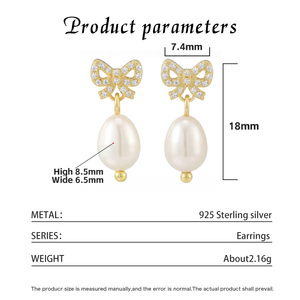 S925 <b>Silver</b> Gold Plated Bow Freshwater <b>Pearl</b> Drop <b>Earrings</b> CZ Pave Dangle Elegant Jewelry Gift for Women - Product Image 5