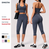 Ensemble de yoga Dingtai pour femme, col halter, dos ouvert, taille haute, contrôle du ventre, legging capri, crop top, couleur unie, respirant, séchage rapide, 2 pièces