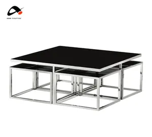 Yüksek seviye özelleştirilmiş boyutları çay masaları dikdörtgen kare sehpa seti paslanmaz çelik merkezi masa 4 kahve sandalyeleri