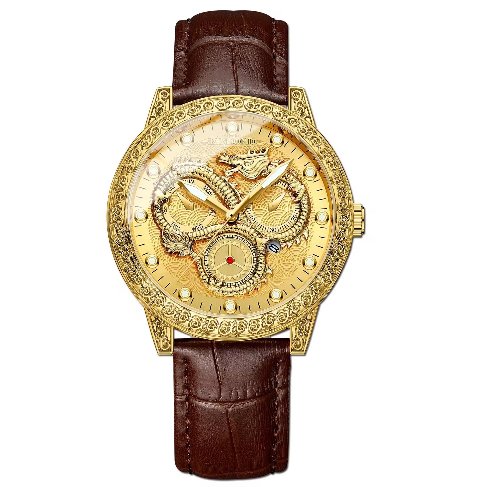 BINBOND B3030 - Luxury Men's Watch with Gold Embossed Dragon