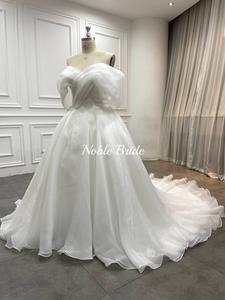 Gaun pengantin putih tanpa bahu dengan rok Tule tipis pita Organza depan silang dan gaun pengantin romantis - Product Image 2