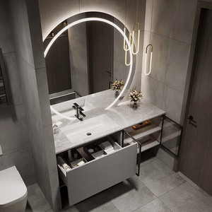 Meuble de salle de bain en bois massif avec vasque en céramique simple et sans joint - Product Image 5
