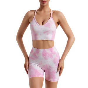 Của phụ nữ Breathable Tie-Dye Yoga Set liền mạch rắn mô hình Áo ngực thể thao với eo đàn hồi quần short Yoga trở lại dây đai tính năng - Product Image 1