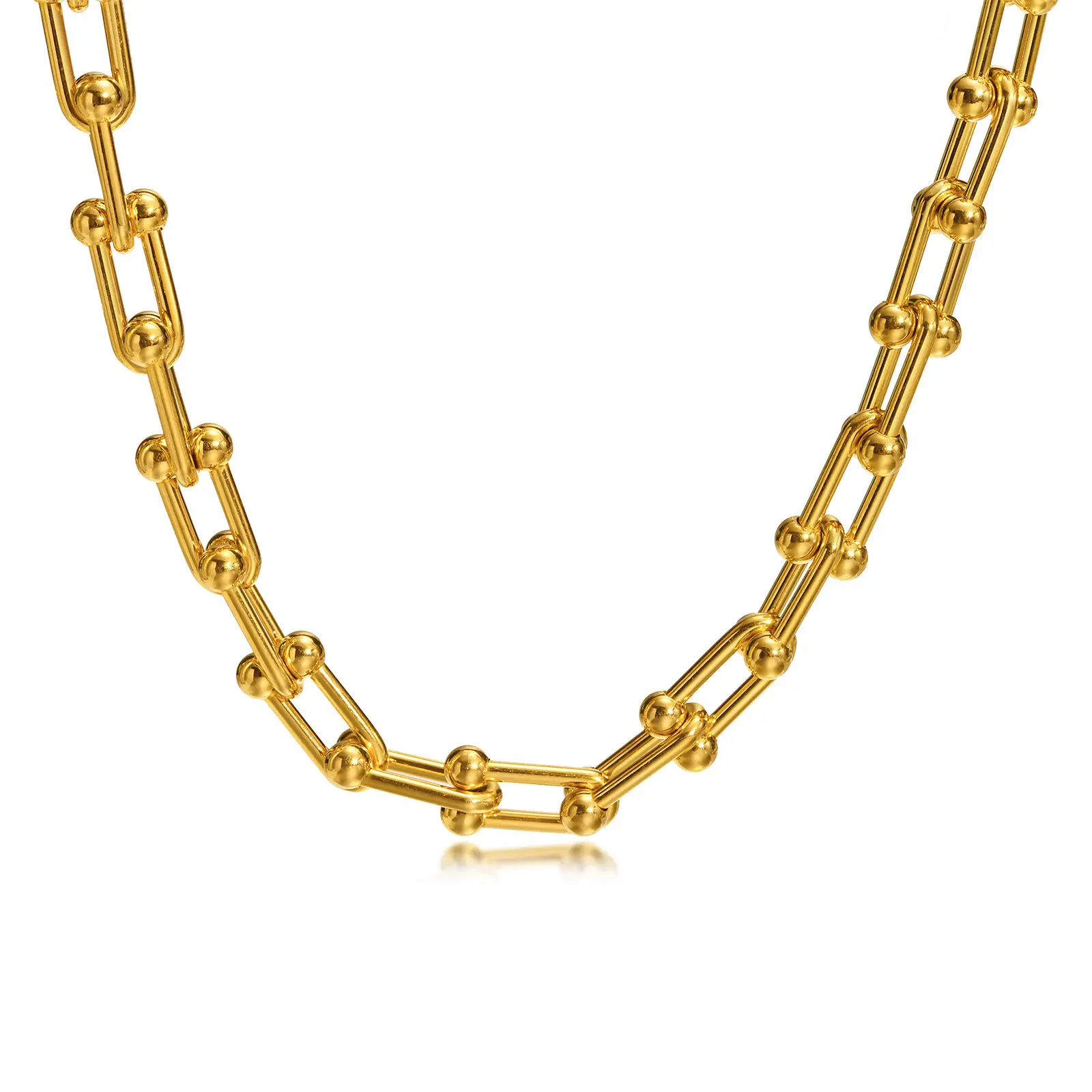 Conjunto de joias anti-manchas em aço inoxidável banhado a ouro 18K PVD em forma de U, colar com fecho de ferradura e brincos