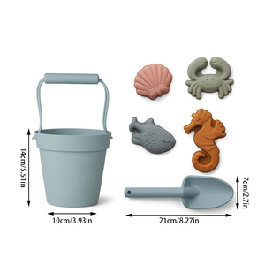 Unisex BPA-Free 6ชิ้นชุดของเล่นชายหาดทรายซิลิโคนสีฟ้าเปลือกปูทะเลแม่พิมพ์ถังพลั่วเด็กเล่นชุด Tina