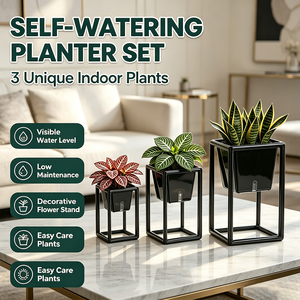 Pot de fleurs auto-arrosant noir moderne <span class=keywords><strong>avec</strong></span> support, jardinière carrée en plastique <span class=keywords><strong>avec</strong></span> indicateur de niveau d'<span class=keywords><strong>eau</strong></span> pour la décoration de la maison et du bureau - Product Image 2
