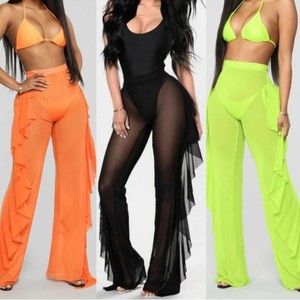 Women Ruffle Beach Pants Swimsuit Cover up <b>Sheer</b> <b>Bikini</b> Swimwear Sexy Mesh Pants - Product Image 1