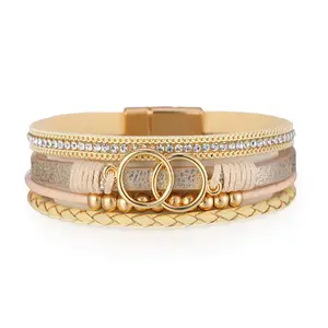 New Products Leather Bracelet Ring Design Gold Bead Accessories Hand Woven Leather Strip Jewelry Bracelet