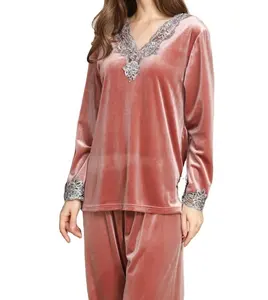 Pajama woman spring nightwear velvet fabric with contrast color lace Pajama for ladies