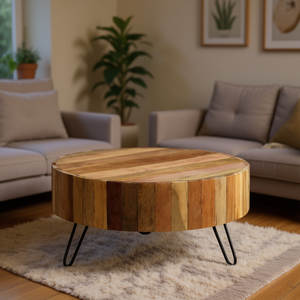 Tavolino da Caffè in Legno Massello Recuperato, Rotondo, Moderno e Rustico, Arredamento per Soggiorno con Struttura in Ferro - Product Image 2