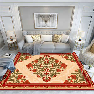 Tapis rectangulaire à motif médaillon traditionnel rouge beige en polypropylène antidérapant pour salon - Product Image 3