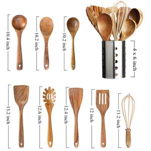 Juego de Utensilios de Cocina de Madera con Soporte, Cucharas de Madera de Teca, Juego de Cubiertos para Servir, Utensilios de Cocina - Product Image 2