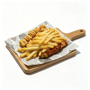 Modelo de Pollo Frito Coreano Artificial de PVC con Plato de Madera para Exhibición Comercial en Restaurantes y Cafeterías, Papas Fritas Crujientes y Salsa - Product Image 1