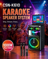 Enceinte de fête sur chariot CSN-K610 avec écran tactile rabattable, éclairage LED RGB, basses puissantes, enceinte de scène karaoké